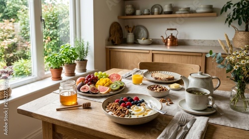 Cozy Kitchen Breakfast Table with Fresh Fruits and Healthy Dishes