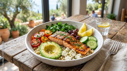 Grilled salmon with fresh vegetables and herbs in rustic setting