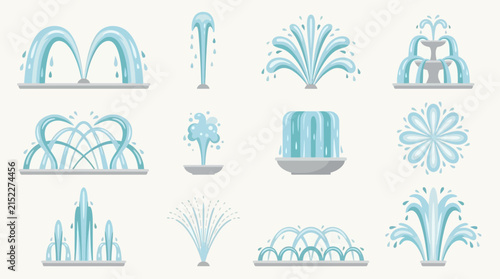 Collection of various fountain water spray designs flowing with dynamic movement isolated on a plain light background for graphic design projects.