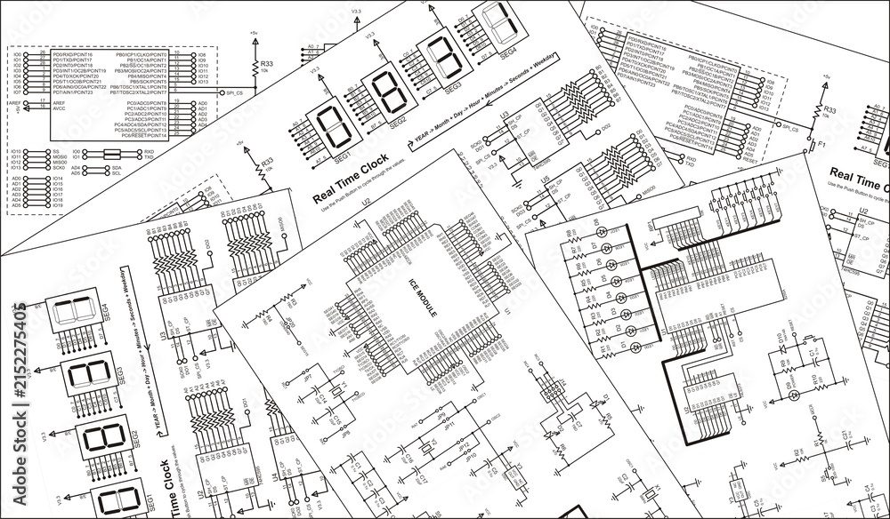 Fototapeta premium Electrical schematic diagram background. Radio engineering drawings on white paper sheets. Scheme of digital electronic device. Set of technic computer cad designs.