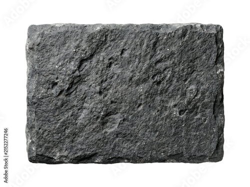 A single rough, rectangular piece of dark grey volcanic basalt rock isolated against a clean white background studio shot