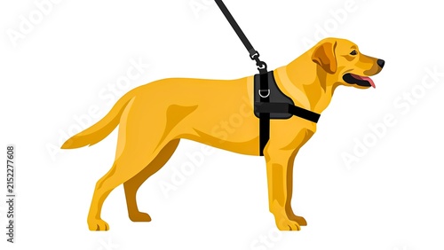 Yellow dog wearing black harness and leash isolated on white background