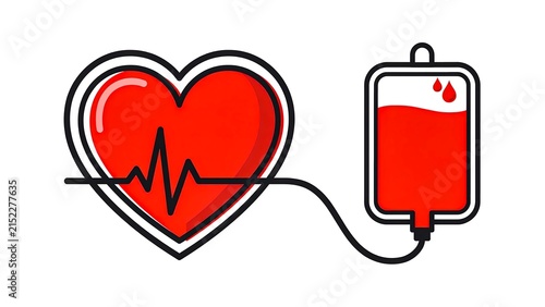 Heart with blood transfusion bag and heartbeat line medical care illustration