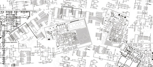 Schematic background. Drawings of electronic device on white paper sheets. Electrical schematic diagram of digital electronic device.
