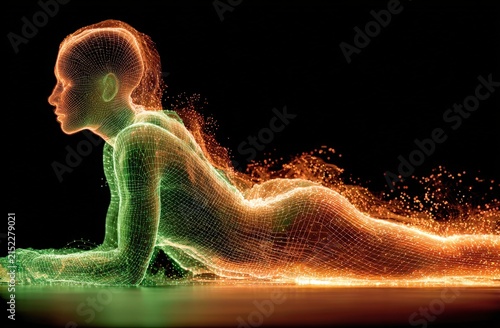 Abstract digital illustration of a human figure in a prone position, composed of glowing wireframe lines in green and orange against a dark background