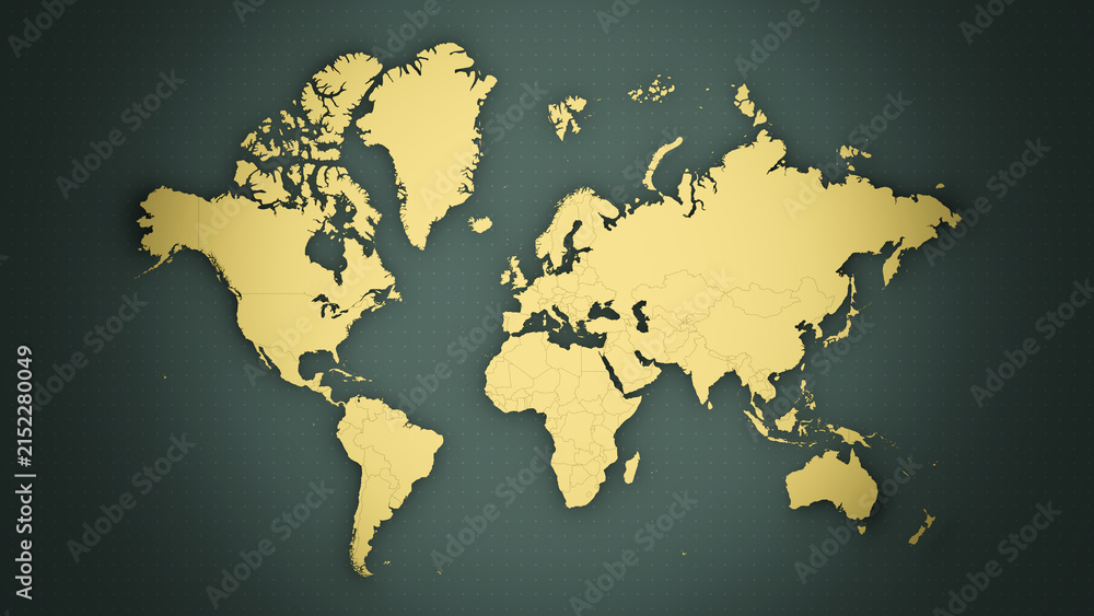 Fototapeta premium World Map Flat Illustration in Gold with Dotted Grid on Dark Green Background Vintage Style. Artistic representation, not intended for precise geographic reference.