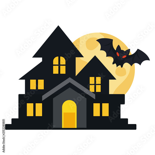 Halloween haunted house flat illustration with glowing windows, full moon and flying bat for spooky posters, party invitations and seasonal designs, isolated on transparent background.