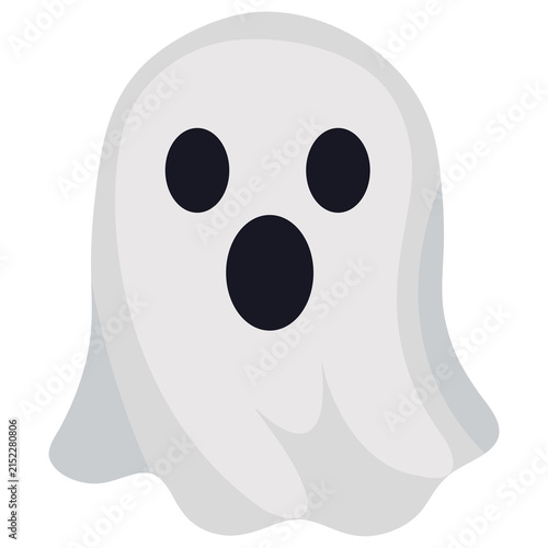 Halloween ghost flat cartoon illustration featuring a cute white spooky spirit with surprised face for seasonal decorations, stickers and party designs, isolated on transparent background.