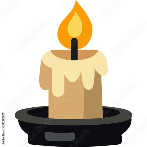 Halloween candle flat illustration featuring a burning wax candle with glowing flame and melted wax for spooky decorations, posters and seasonal designs, isolated on transparent background.