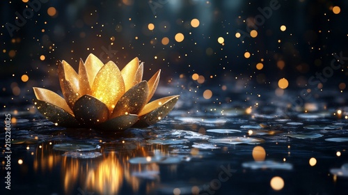 Golden lotus flower floating on dark water. Luminous water lily with magical sparkles and bokeh lights. Concept of zen, meditation, inner peace, spiritual calm and religious enlightenment.