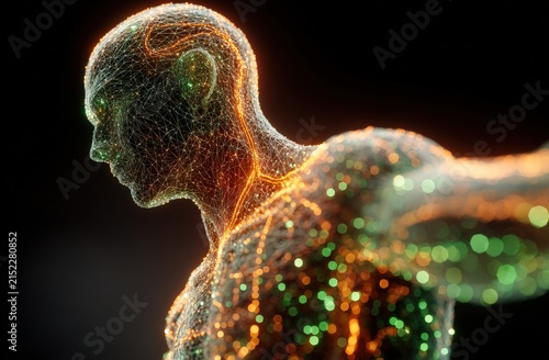 Abstract digital human figure composed of glowing particles in orange and green colors, showcasing a side profile against a dark background with a futuristic aesthetic