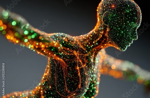 Abstract digital illustration of a human figure composed of glowing green and orange particles, arms extended in a dynamic pose against a dark background