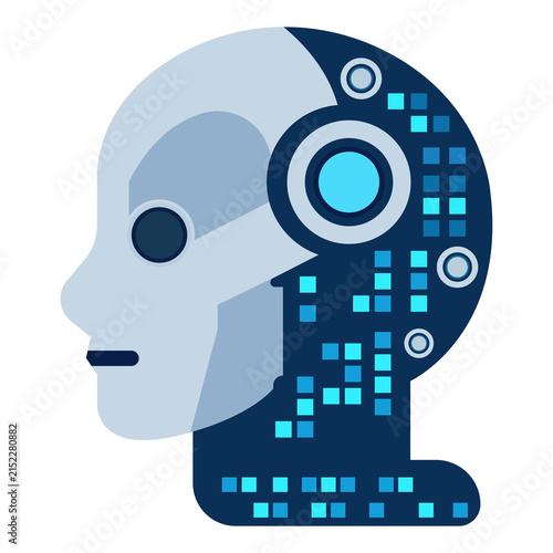 Artificial intelligence flat illustration featuring a futuristic robot head with digital circuit details for AI, machine learning, robotics, automation and technology designs, isolated on transparent 