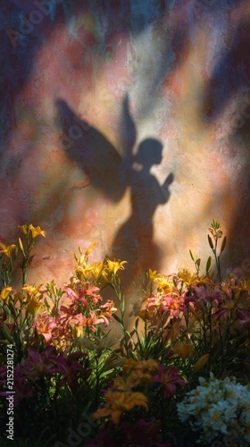 Shadow of a woman with angel wing on a textured wall behind a colorful field of blooming lilies. Concept of spirituality, divine magic, fantasy and ethereal beauty in nature garden.