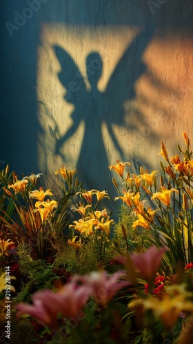 Shadow of an angel with wings projected on a wall behind blooming yellow flowers. Conceptual religious art symbolizing faith, spirituality, divine protection and peace in garden.