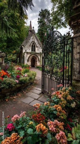 Ancient stone chapel behind ornate wrought iron gate in garden. Beautiful cemetery entrance with blooming flower bed. Architecture, history, nature and grief concept for travel background.