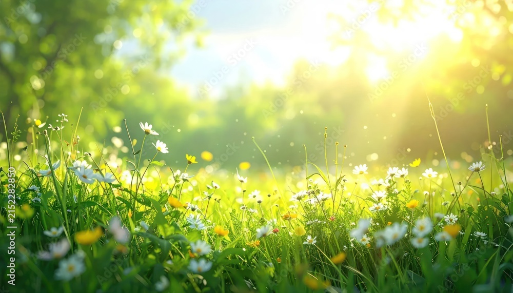Obraz premium Bright sunbeams shining through a field of spring wildflowers.