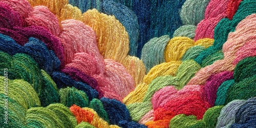 Colorful embroidery threads arranged in a vibrant pattern showcasing various hues and textures, creating a visually striking textile art piece