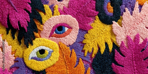 Colorful embroidered textile featuring abstract eye motifs surrounded by vibrant floral patterns in shades of pink, yellow, blue, and purple on a textured background
