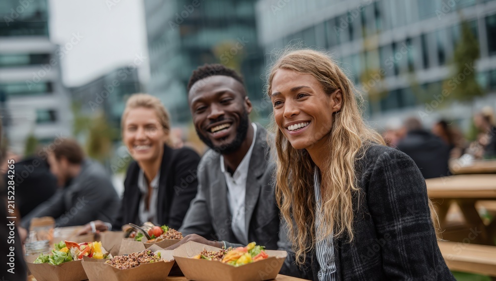 Obraz premium Group of three professionals enjoying lunch outdoors at a modern urban setting, with healthy food in eco-friendly containers on wooden picnic tables