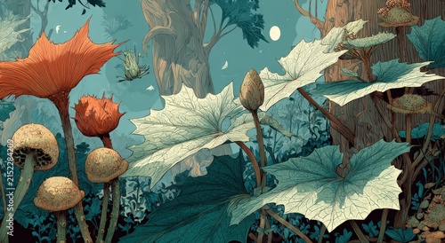 Colorful illustration of various plants and mushrooms in a whimsical forest setting with intricate leaf patterns and a serene blue-green color palette