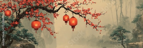 Cherry blossom tree adorned with red lanterns over a tranquil river landscape, misty mountains and lush greenery visible in the background