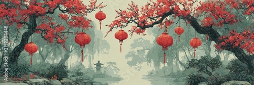 Traditional Chinese landscape illustration featuring red lanterns hanging from flowering trees, serene waterway, and distant pagoda amidst misty background