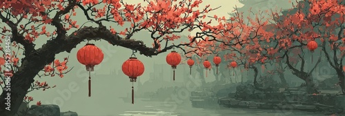 Red lanterns hanging from branches of cherry blossom trees beside a tranquil river, creating a serene atmosphere in an Asian-inspired landscape during spring