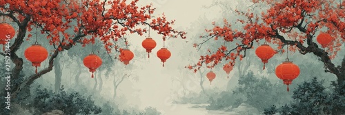 Red lanterns hanging from branches of flowering trees in a misty landscape, creating a serene atmosphere with a river flowing through the background