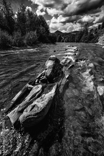 Dramatic Black And White Mountain River