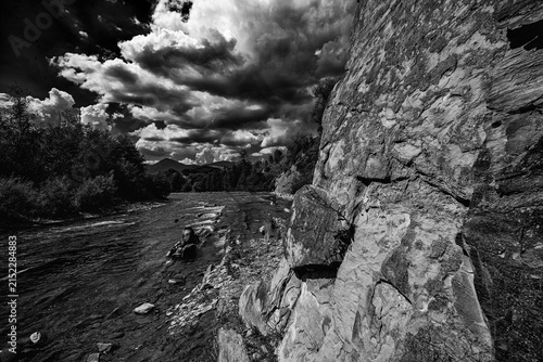 Dramatic Black And White Mountain River