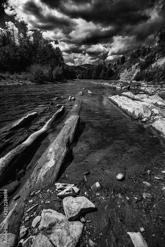 Dramatic Black And White Mountain River