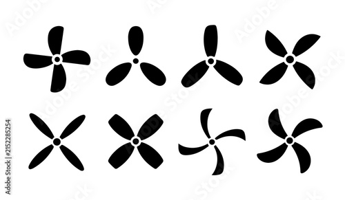 Black fan blade vector icons set showcasing diverse propeller designs for various air moving devices.