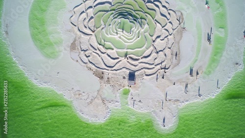 Aerial View of Bishui Yaotai Formation in Qarhan Salt Lake: Emerald Green Water, Sunset Glow and White Salt Crust in Qinghai