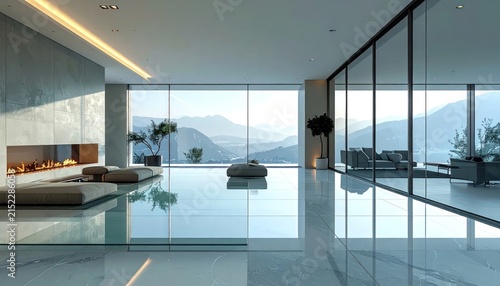 Luxurious modern living room with panoramic mountain views.