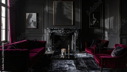 Luxurious moody living room with purple velvet furniture and fireplace