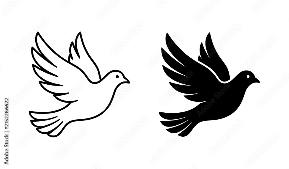 Fototapeta premium Flying dove bird icon outline and silhouette minimalist vector