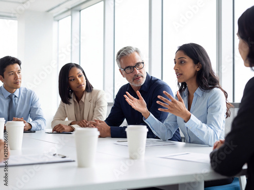 Foto A diverse group of business professionals engaged in an interactive discussion in a modern office meeting room