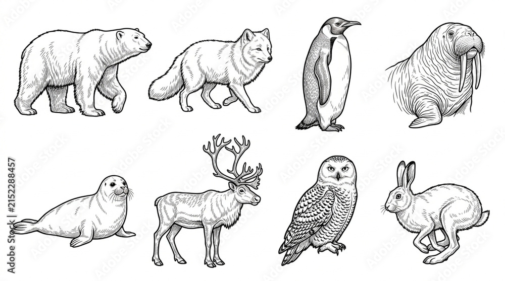 Obraz premium Arctic Animals Black and White Illustration Collection