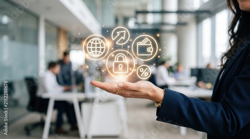 Businesswoman hand holding glowing fintech icons, global payment and secure transaction, digital wallet and percentage symbols representing online banking and financial services.