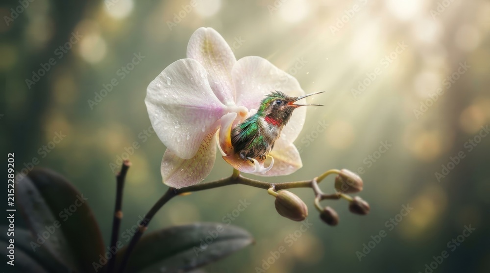 Fototapeta premium Hummingbird resting inside a white orchid flower