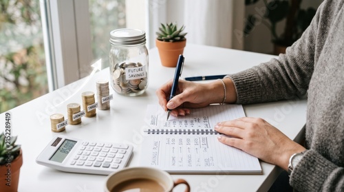 Person writing savings plan in notebook with calculator and stacks of coins labeled future savings, depicting personal finance management and budget planning.