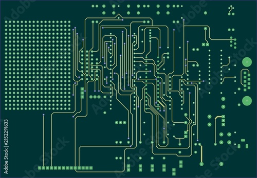 Tracing conductors of printed circuit board
of electronic device. Engineering 
drawing of pcb design. Electric background.
Computer technic cad design.