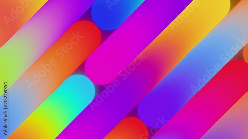 Futuristic seamless loop animation of colorful neon capsule bars moving slowly and diagonally, abstract geometric full frame elegant kinetic backdrop on black 3d render
