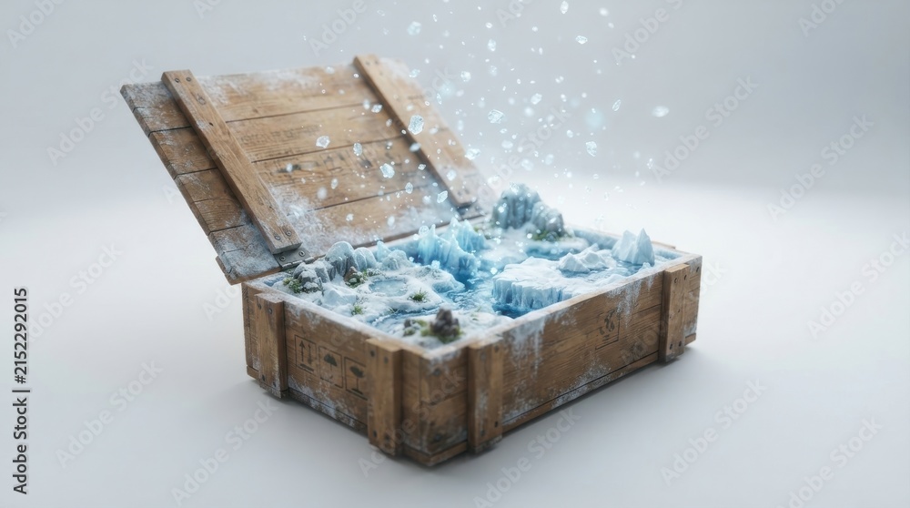 Fototapeta premium Wooden crate with miniature frozen arctic landscape inside
