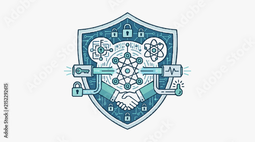 Technical vector illustration of a shield containing a handshake, neural network nodes, atom icon, and padlocks, representing cybersecurity, artificial intelligence safety, and digital trust.