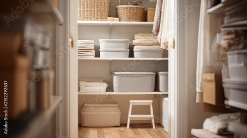 Organized walk in closet with shelves featuring storage boxes and folded towels. Systematic home interior design for laundry room organization. Concept of tidy house storage solution.