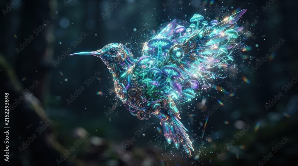 Obraz premium Fantasy hummingbird made of bioluminescent mushrooms and clockwork gears