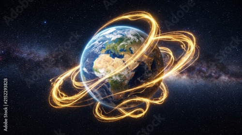 Global Connectivity Concept with Golden Light Trails Around Planet Earth