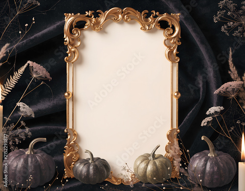 An ornate vintage golden frame with intricate swirls sits atop a dark, textured fabric, surrounded by small dark pumpkins, dried foliage, and subtle candlelight for a mysterious Halloween vignette.